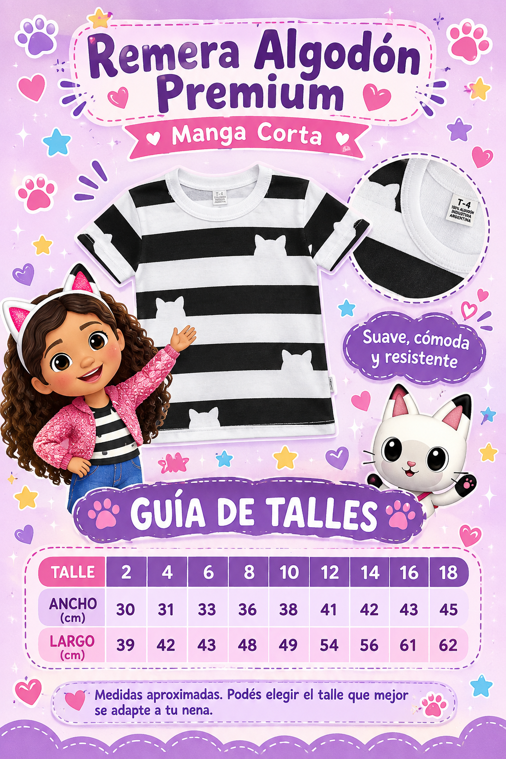 Remera manga corta de algodón con parches de gatito y vincha, Club de Gabby