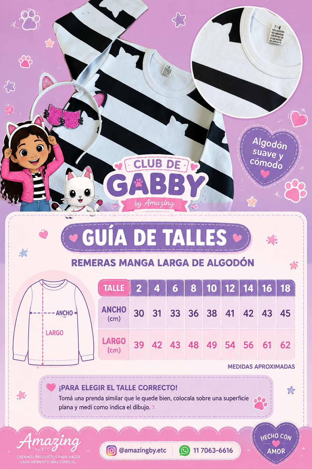 Camiseta manga larga de algodón con parches de gatito y vincha, Club de Gabby