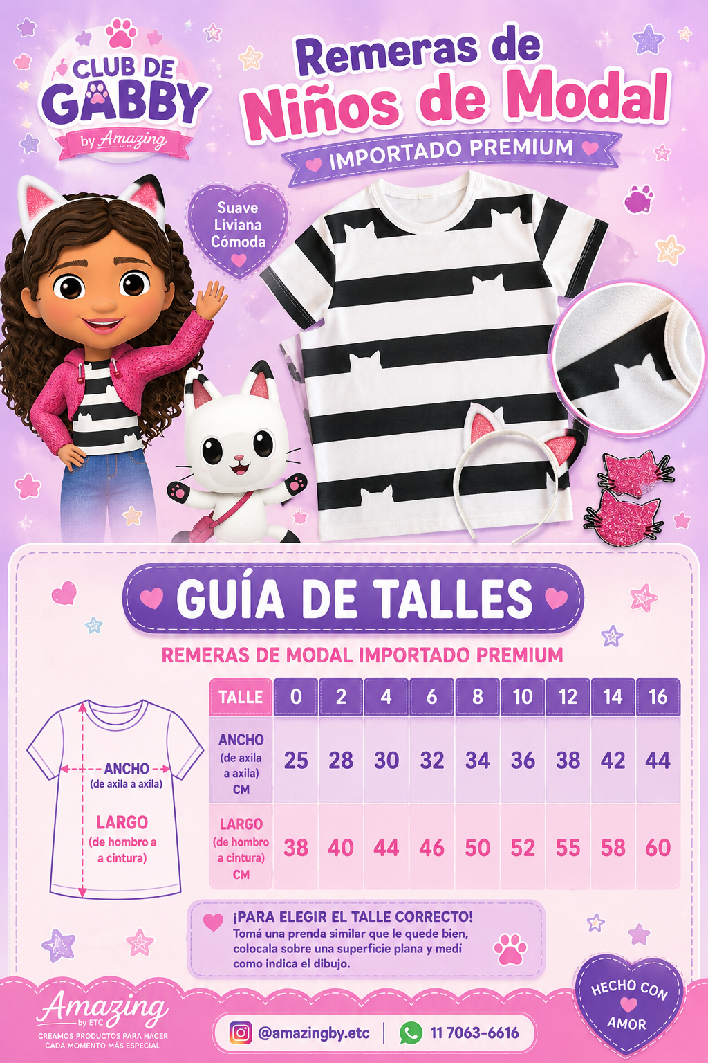 Remera manga corta de modal sublimada con parches de gatito y vincha, Club de Gabby